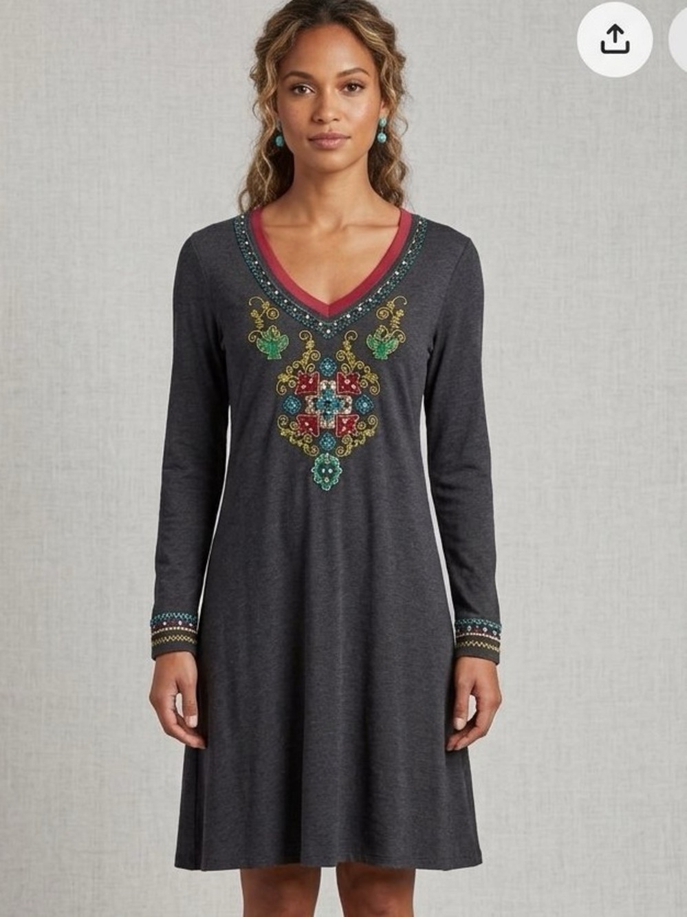 Double D Ranch Embroidered Jersey Gray V Neck Dress